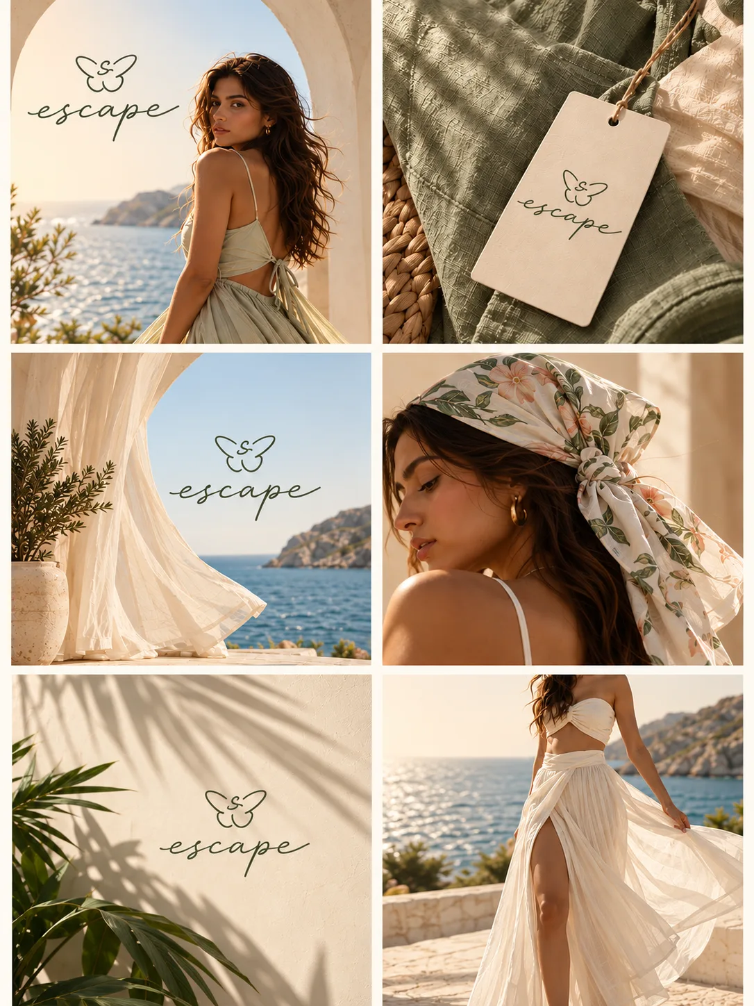 Grid of Escape social posts with seaside fashion shots and a swing tag