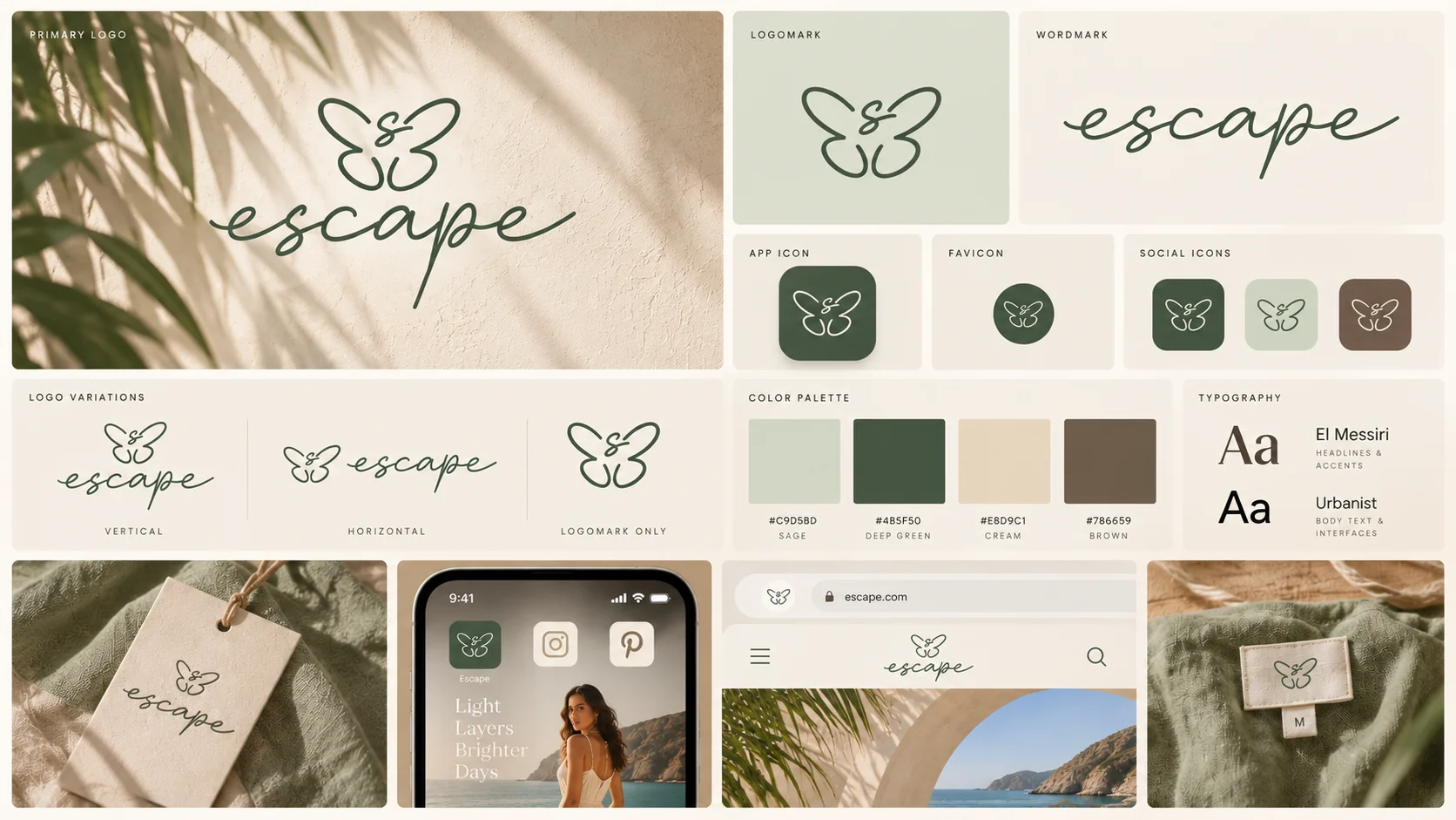 Escape brand board with logos, icons, palette, type and mockups