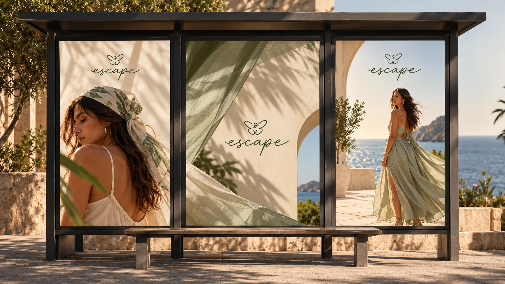 Bus shelter posters showing Escape summer campaign by the sea