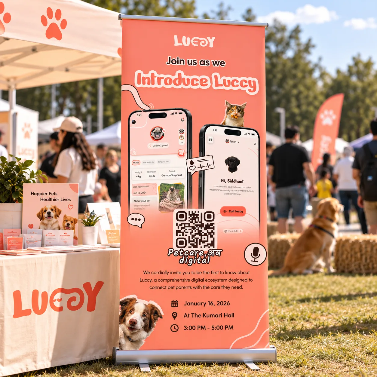 Coral Luccy launch banner with app screens and QR code at outdoor event