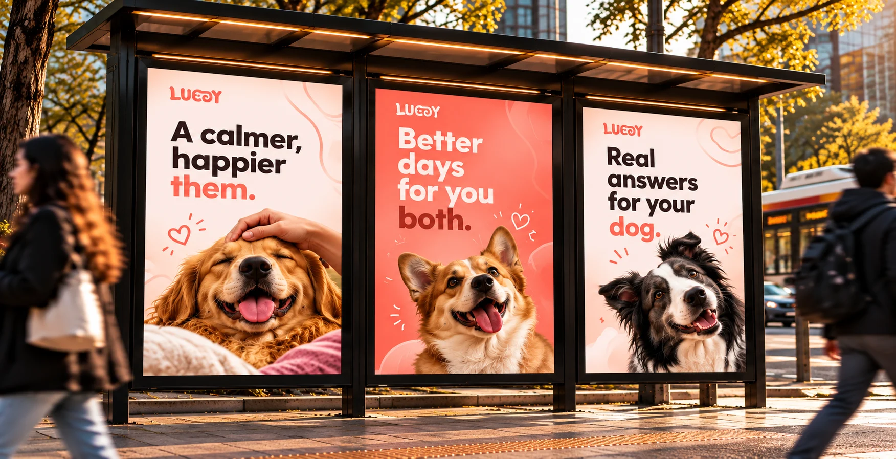 Three coral Luccy posters with happy dogs at a city bus shelter