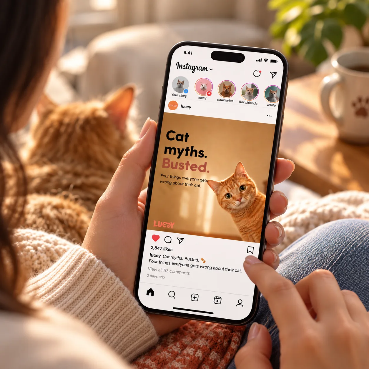 Phone showing Luccy's "Cat myths. Busted." Instagram post, cat nearby